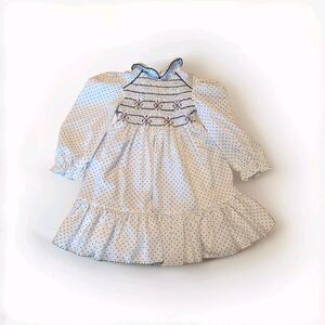 Polly Flinders Dress Girls 4 White Blue Polka Dot Floral Smocked Long Sleeve Vtg